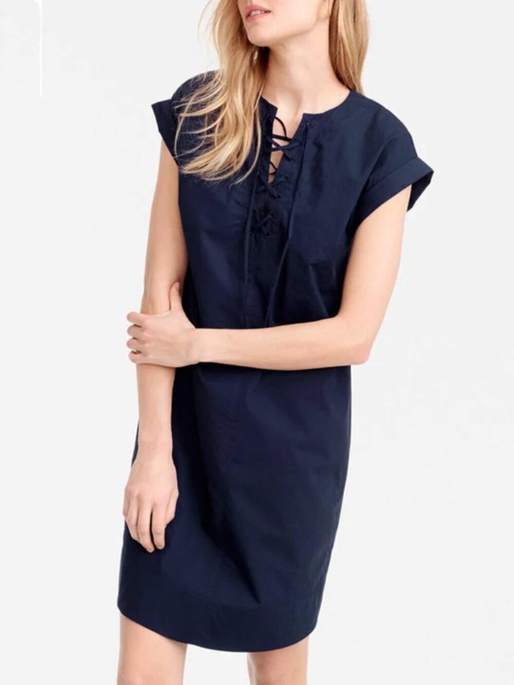 EUC J.Crew 100% Cotton Lace Up Mini Dress Navy Blue Small